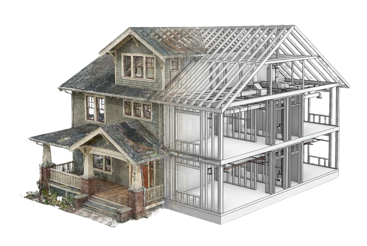 Craftsman residence shown half as captured point cloud and half as the modeled framing, roof structure, and interior partitions