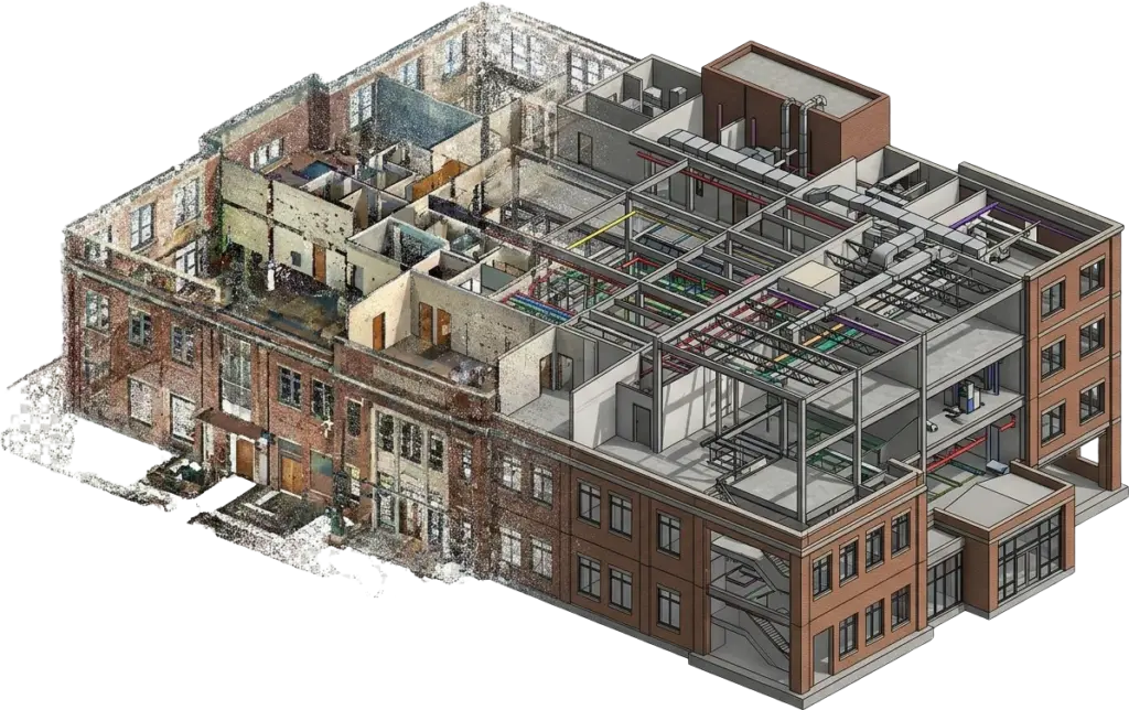 Registered point cloud of an existing brick building converted into a Revit model with structure and MEP