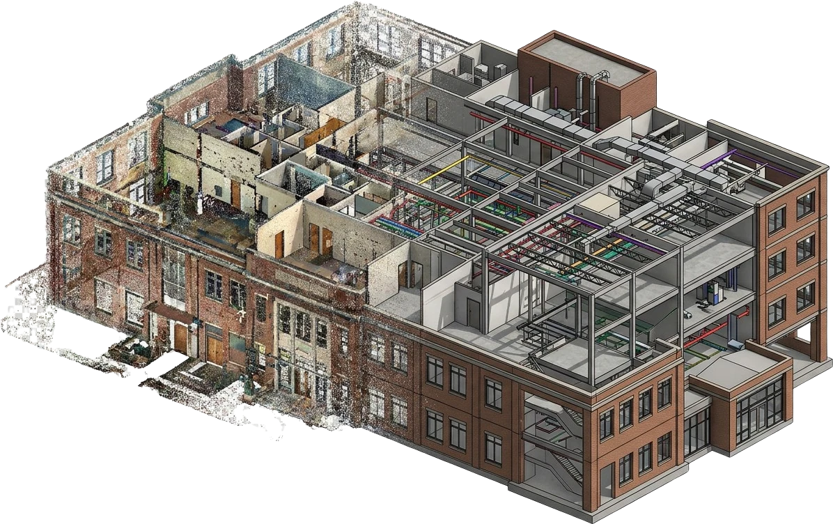 Heritage brick building shown half as registered laser-scan point cloud and half as the finished Revit model, with structural frame and coordinated MEP services