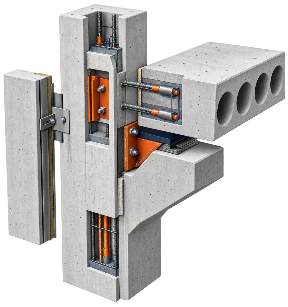 Precast erection connection showing coordinated concrete elements, bearing conditions, embeds, and connection hardware