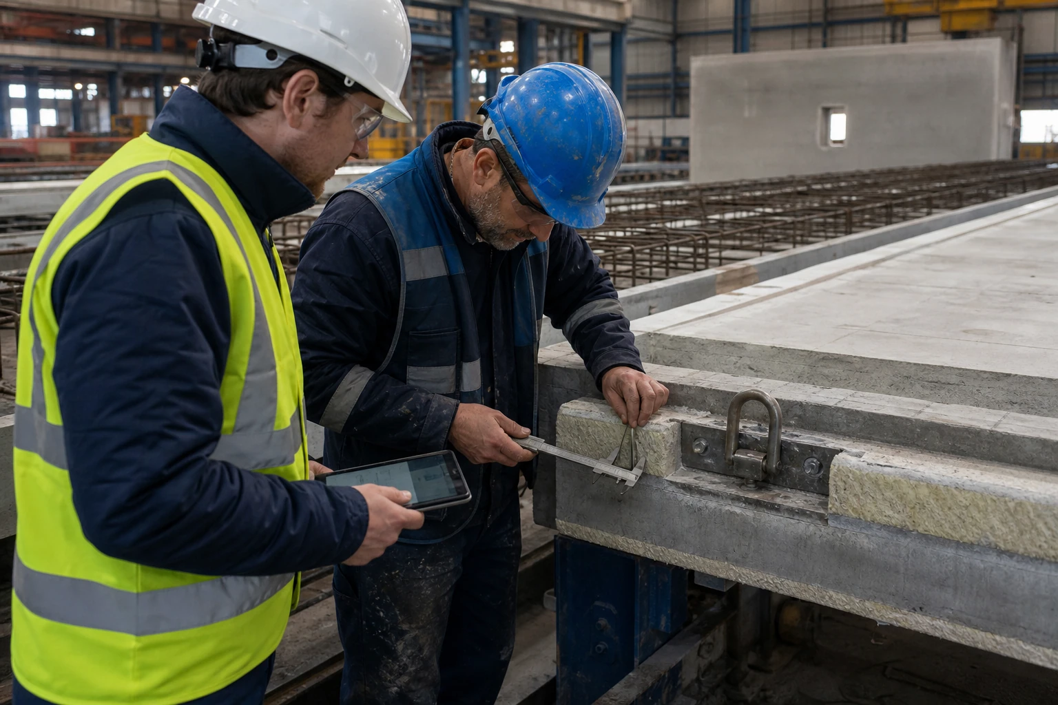 Precast engineer and quality inspector checking a sandwich-panel insulation edge, embedded plate, and lifting anchor in the plant