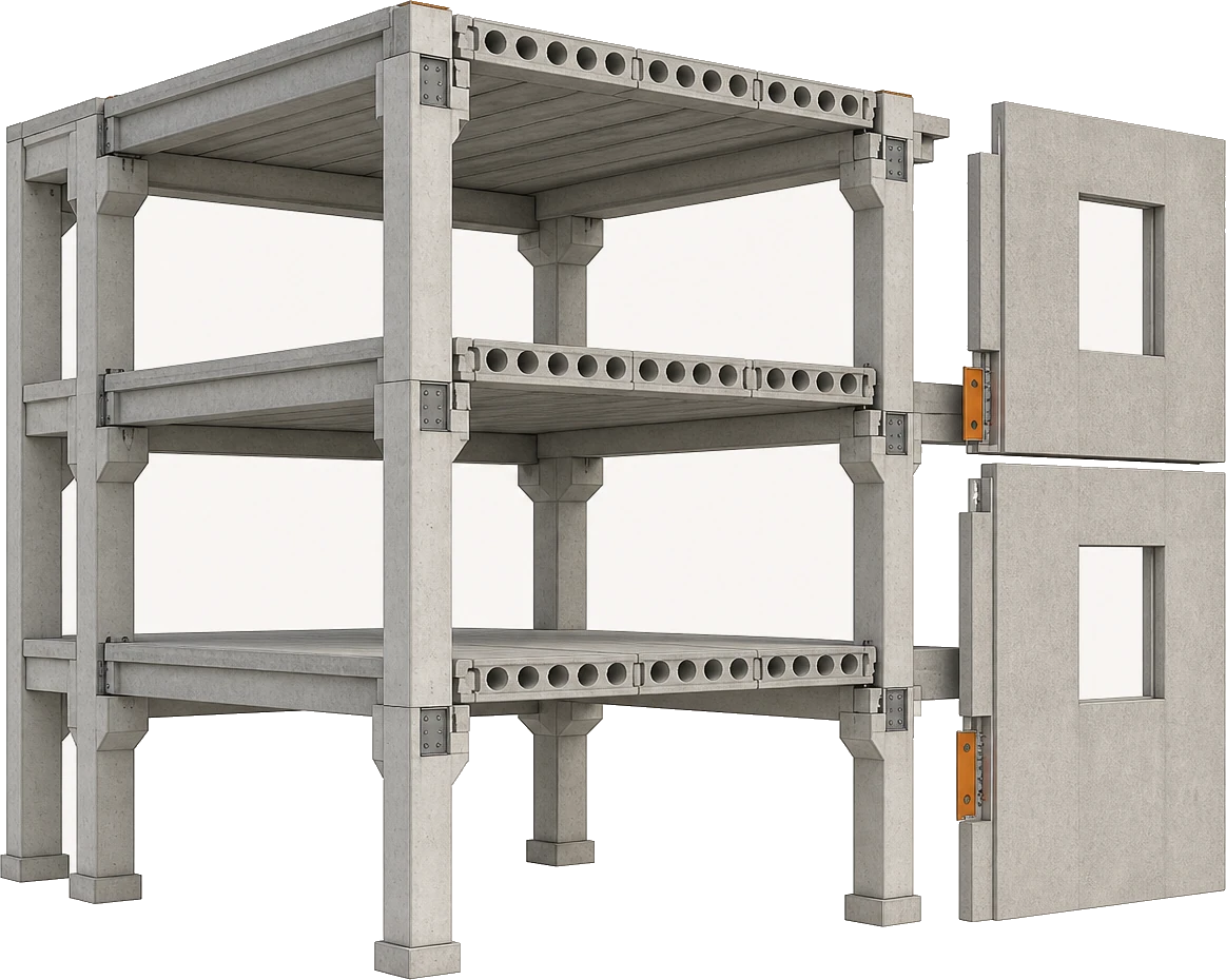 Coordinated precast concrete building system showing panels, beams, columns, slabs, connections, and erection geometry