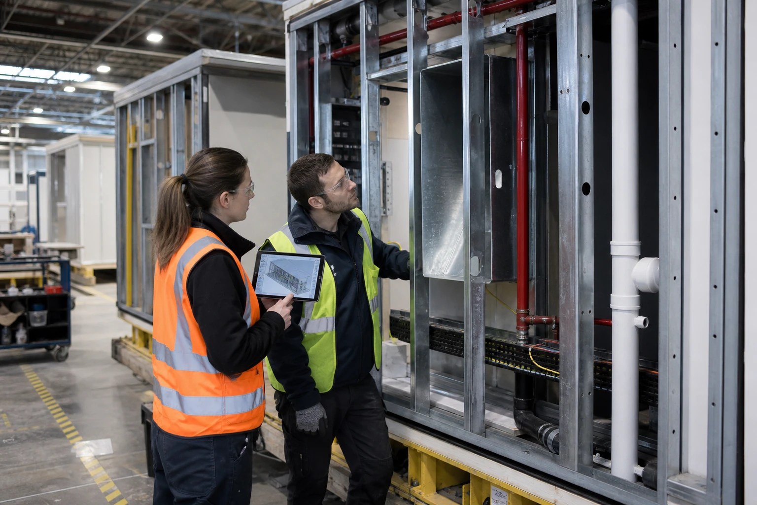 BIM coordinator and factory technician comparing a module model with installed ductwork, piping, cable tray, and service penetrations