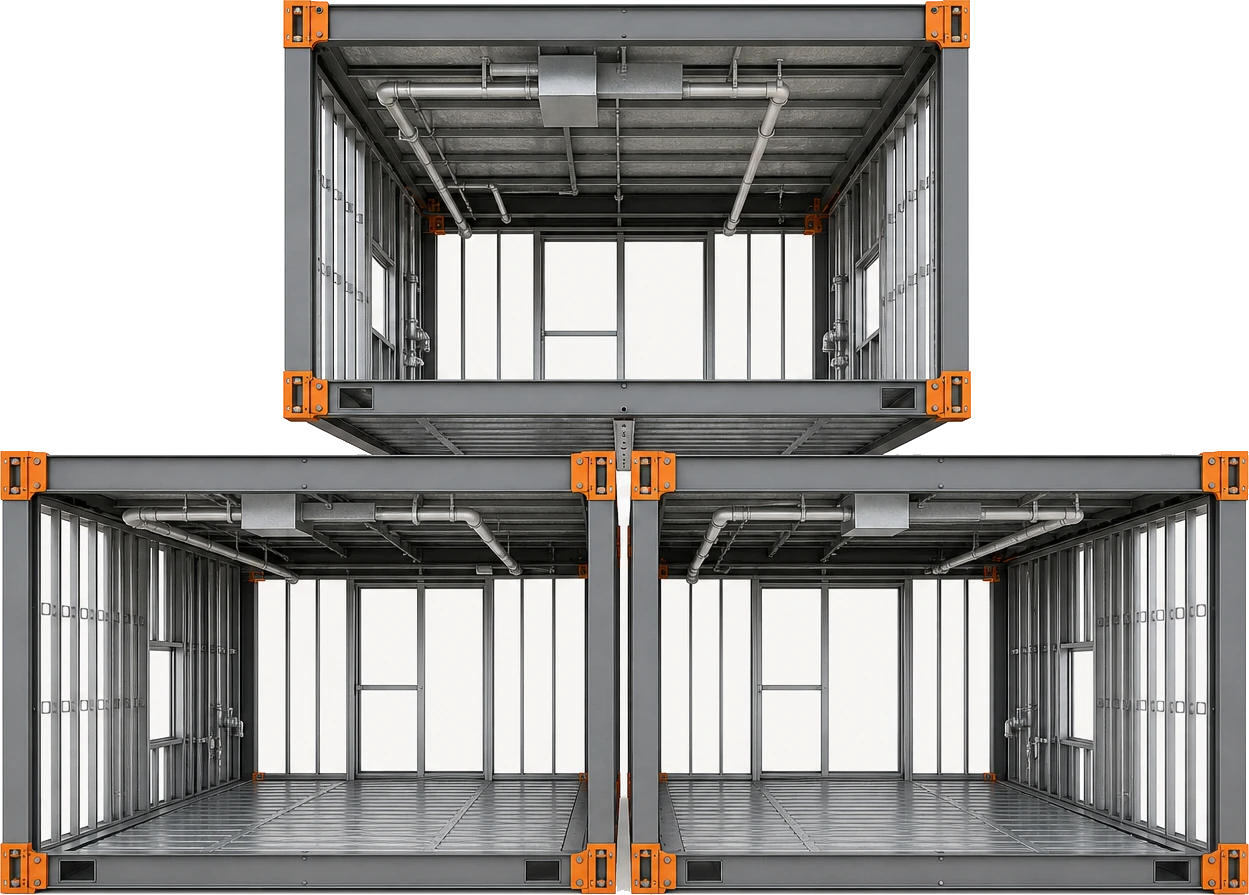 Coordinated volumetric modules with aligned steel frames, wall studs, service routes, and four inter-module corner connections