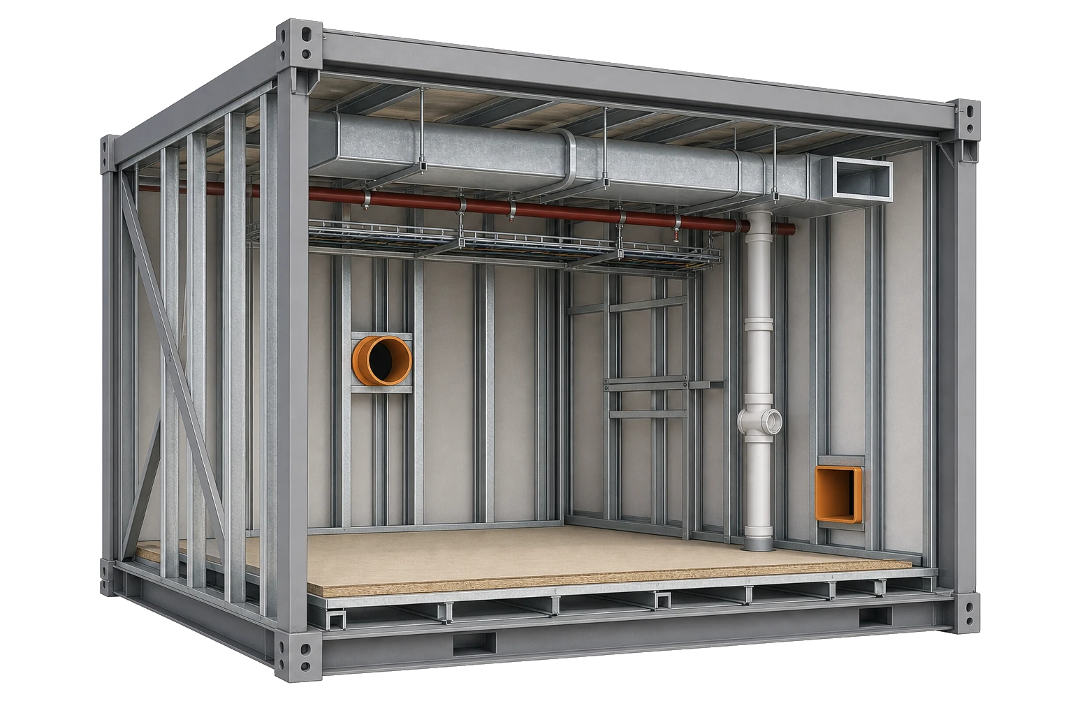 Coordinated prefab module cutaway showing steel frame, wall studs, floor cassette, duct, sprinkler, plumbing, cable tray, and approved service penetrations
