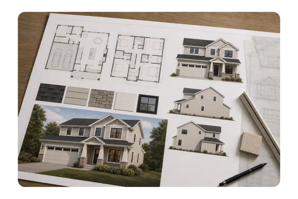 Residential presentation board combining coordinated plans, material selections, exterior design, and client-facing views