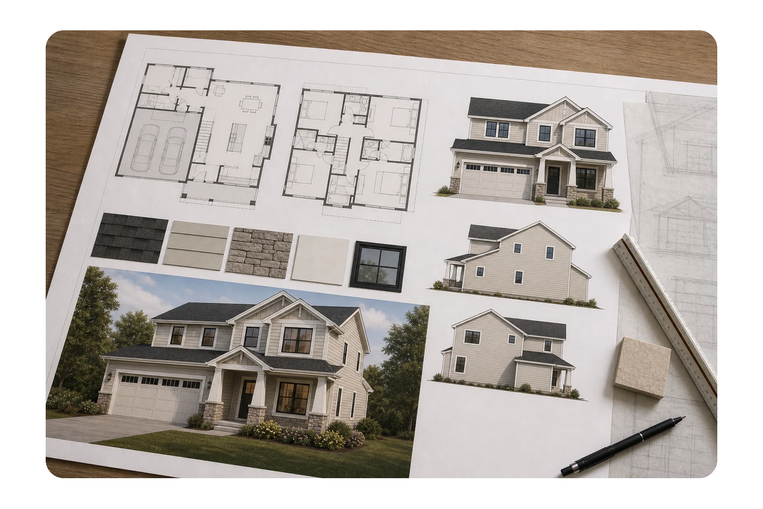 Residential presentation board combining coordinated plans, exterior design, material selections, and client-facing views