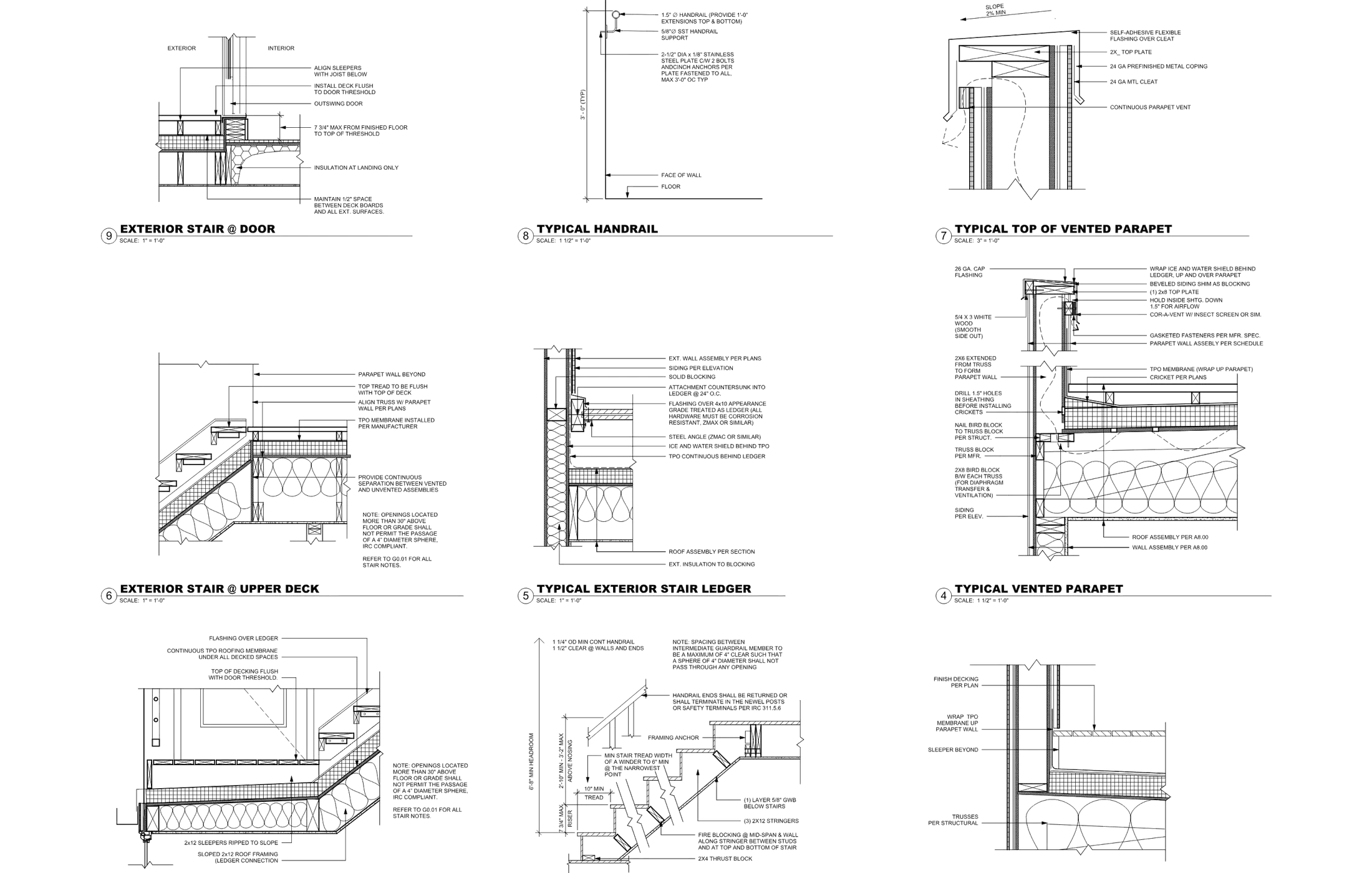 Authentic architectural construction details showing roof, wall, parapet, awning, and party-wall assemblies