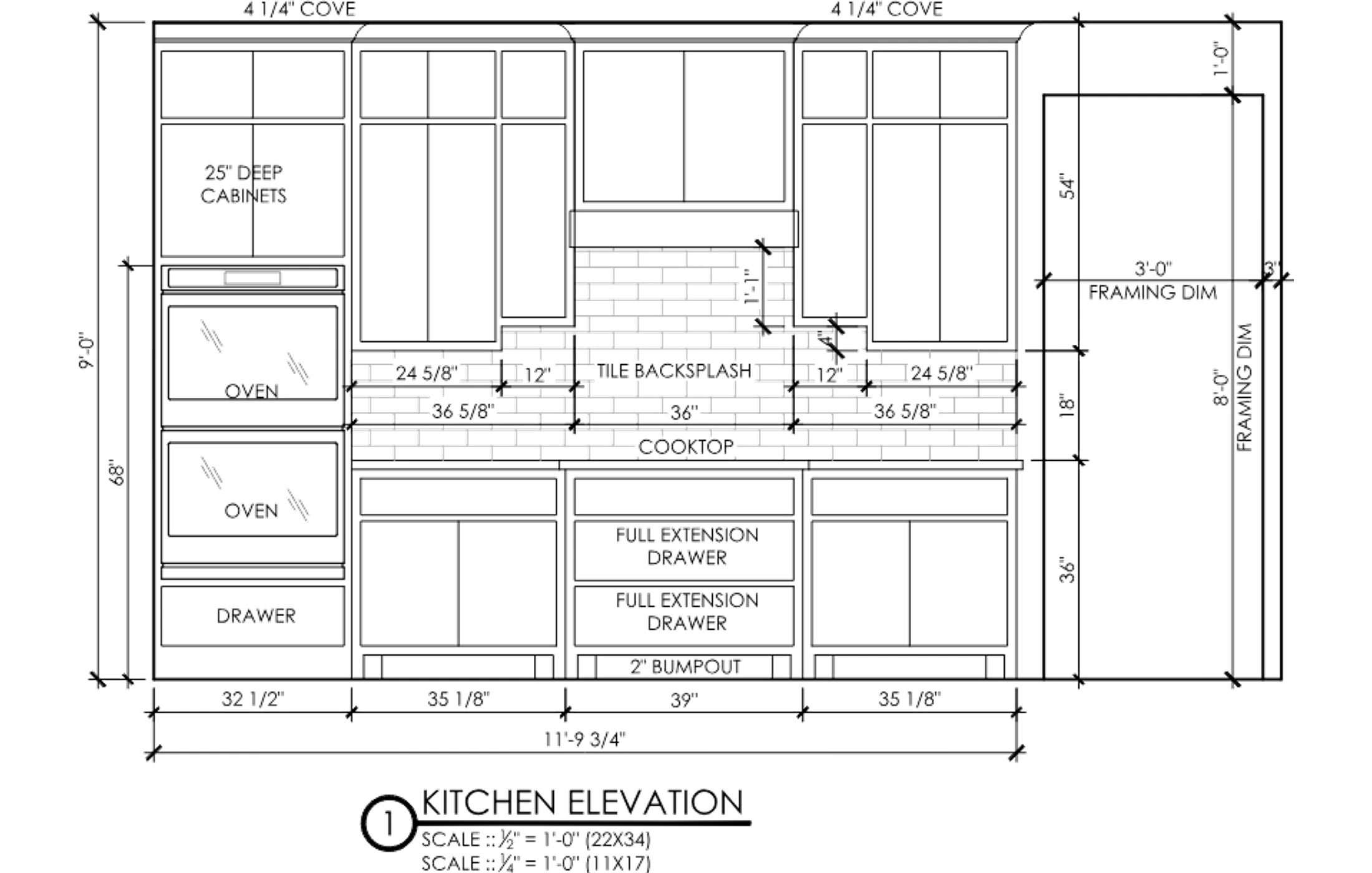 Authentic kitchen millwork sheet with dimensioned cabinet elevations, sections, appliance locations, and joinery details