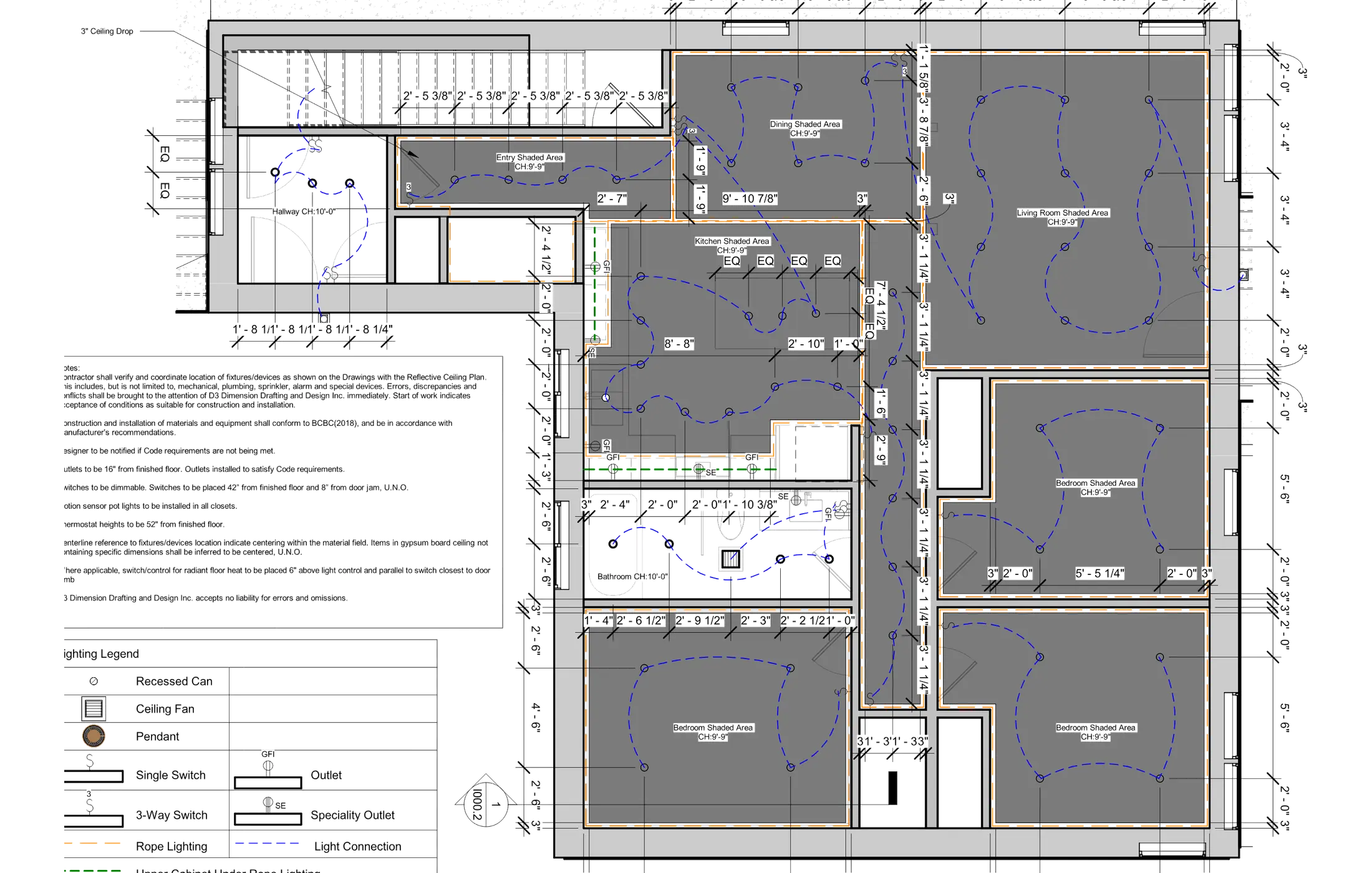 Detailed 2D reflected ceiling plan showing ceiling areas, lighting fixtures, switching paths, dimensions, and annotations
