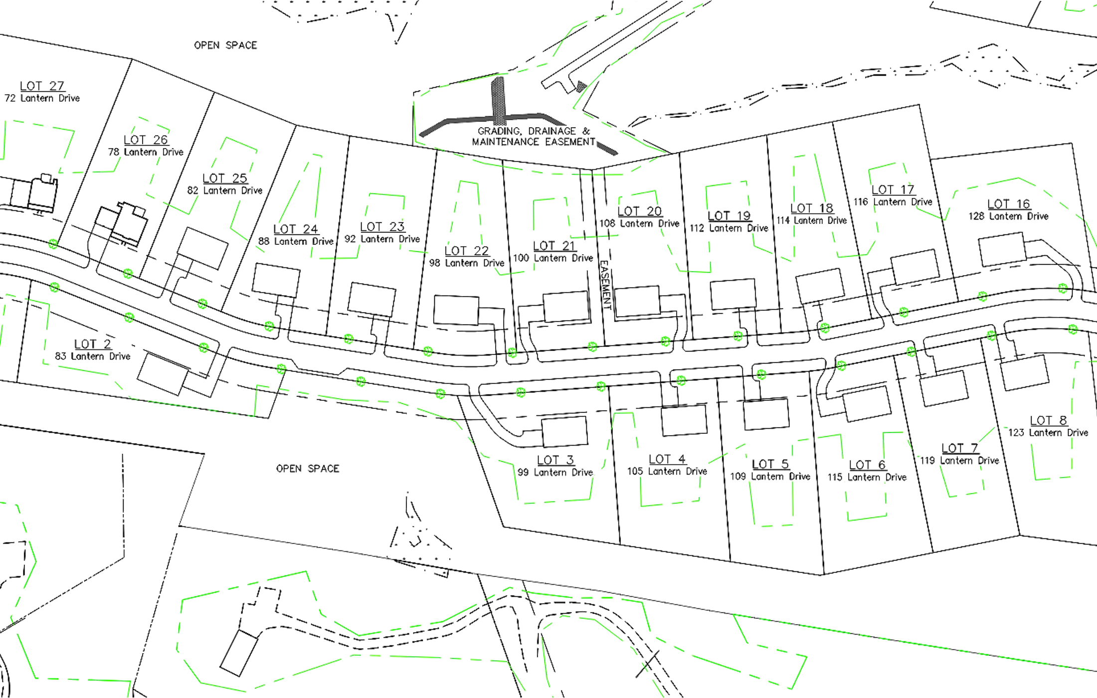 Authentic subdivision site plan showing road geometry, lot boundaries, building footprints, circulation, and open-space edges