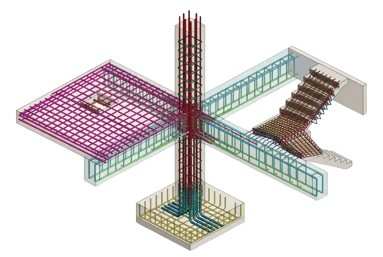 Colour-coded reinforcement model of a column, pad footing, suspended slab, beams, and stair flight, each bar group shown in a separate colour