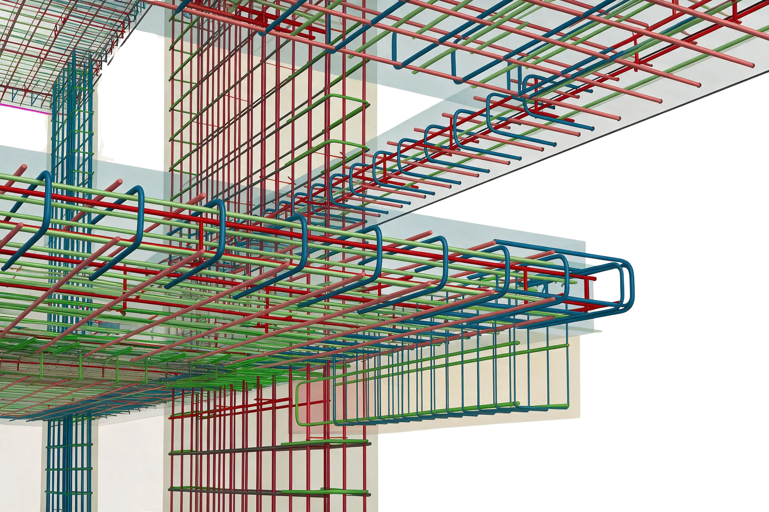Detailed three-dimensional reinforcement model showing coordinated slab, beam, column, and wall reinforcement