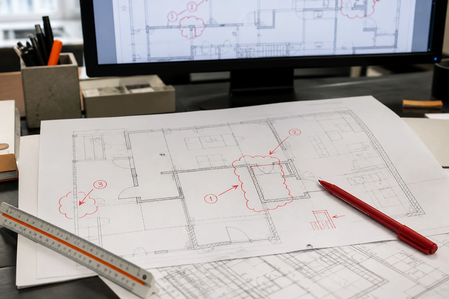 Real project desk with a printed floor plan under professional red-line review and coordinated digital drawings nearby
