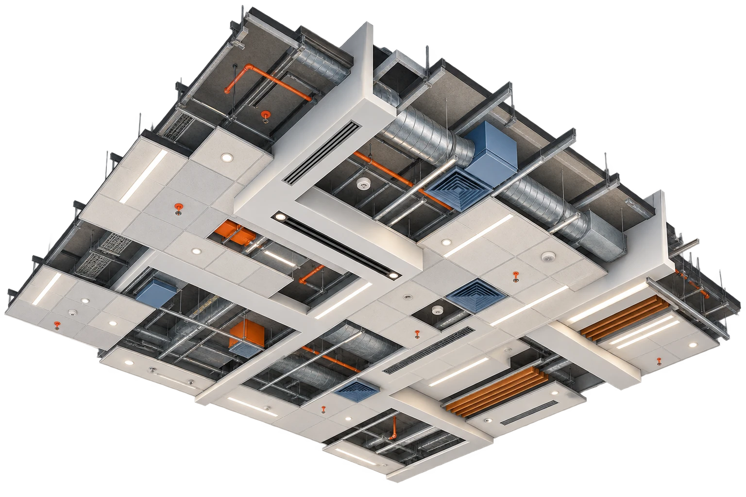 Coordinated reflected ceiling model used to verify lighting, fixtures, soffits, and ceiling geometry