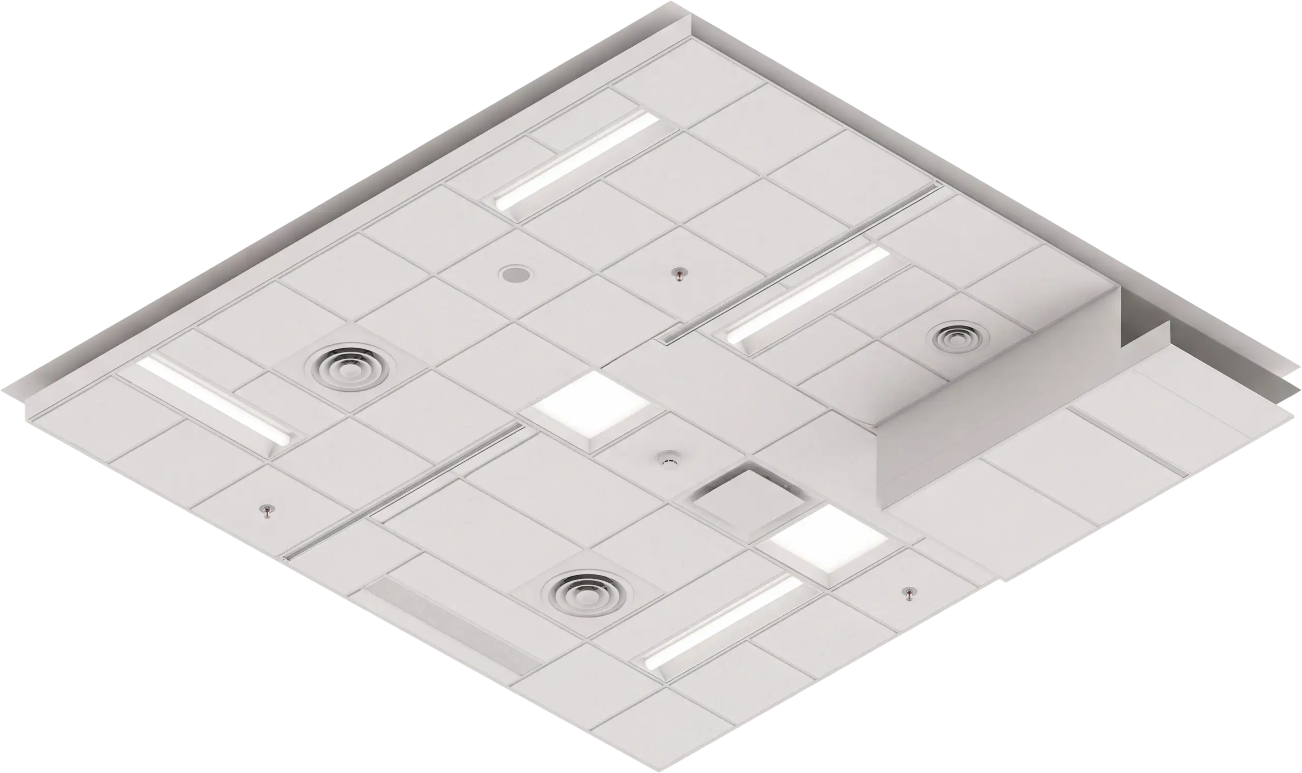 Three-dimensional suspended ceiling system with ceiling tiles, linear lights, diffusers, speakers, sprinklers, and access panels