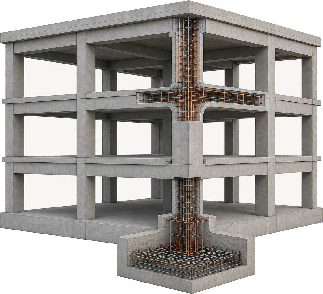 Reinforced concrete BIM cutaway showing coordinated slabs, beams, columns, walls, footings, and reinforcement zones