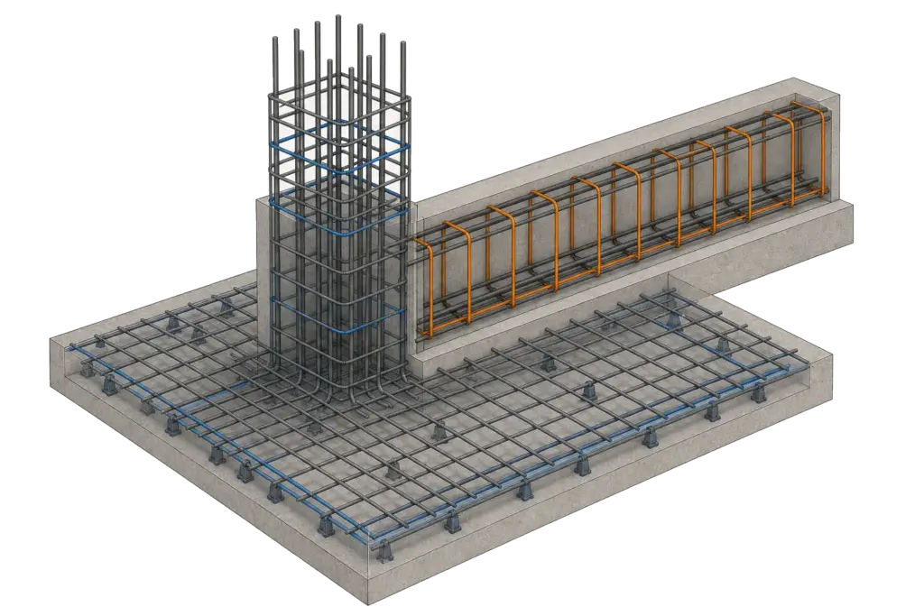 Reinforced concrete model showing coordinated slabs, beams, columns, walls, and reinforcement zones
