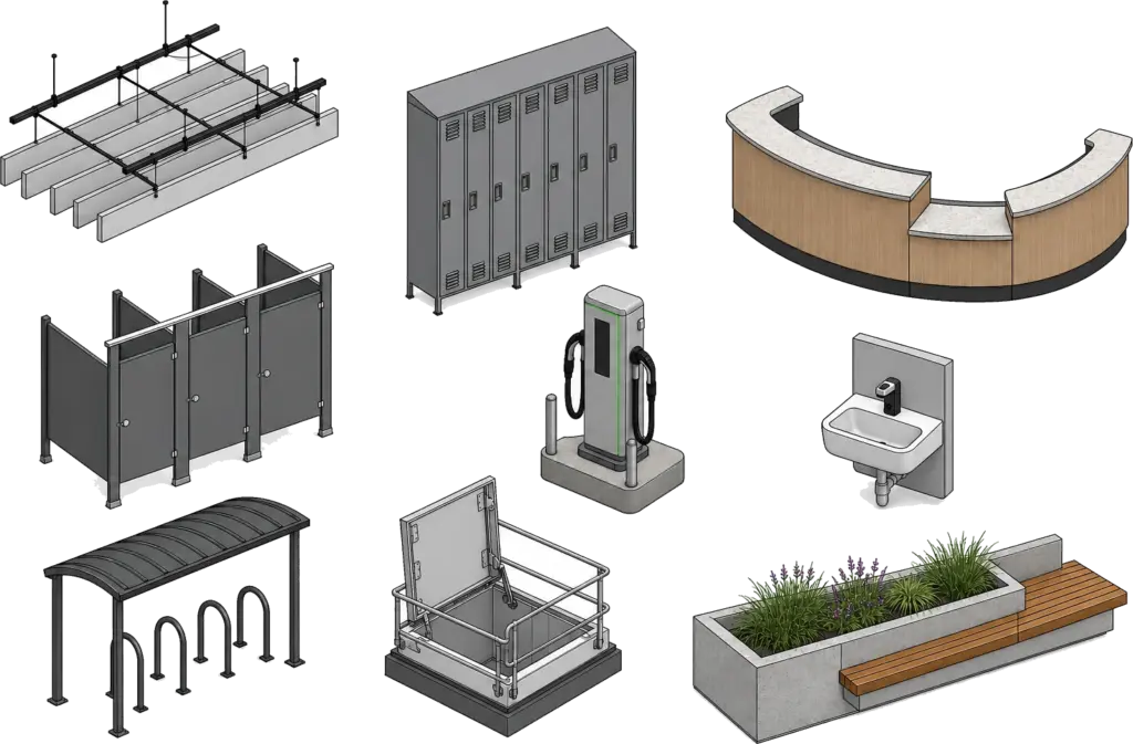 Original commercial Revit family library shown as clean shaded-with-edges standalone models
