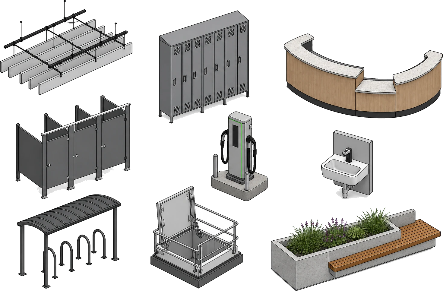 Original commercial Revit family library with nine practical shaded-with-edges BIM components