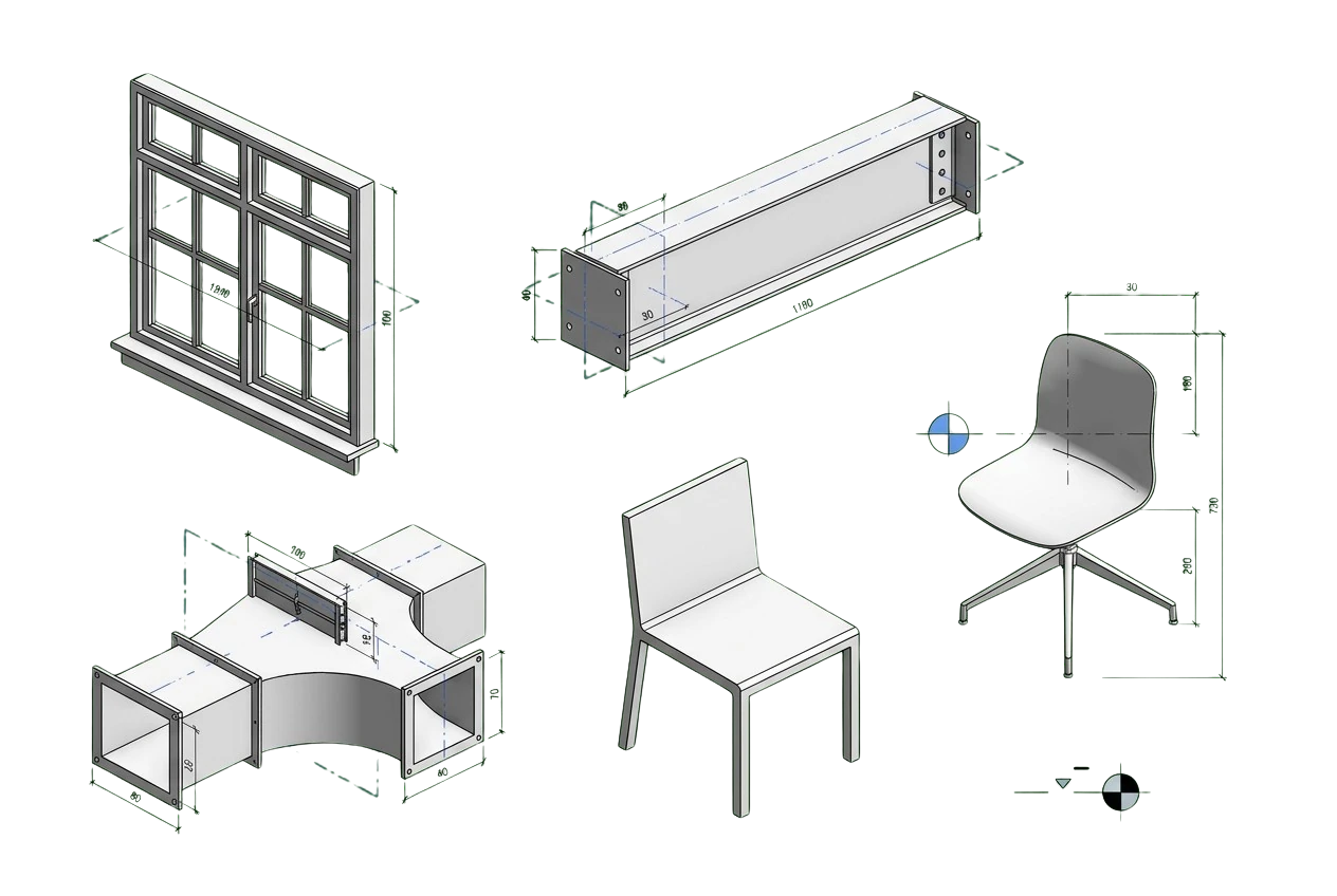 Dimensioned parametric Revit families including a window, steel beam, duct transition, and two chair types with reference planes and parameters