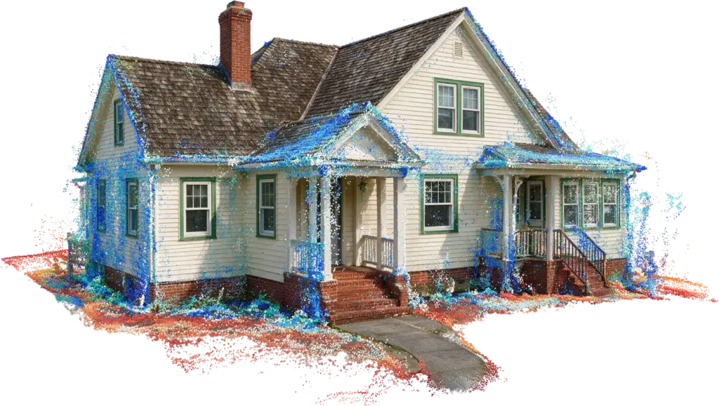 Registered laser scan point cloud of an existing residence, captured for as-built modelling