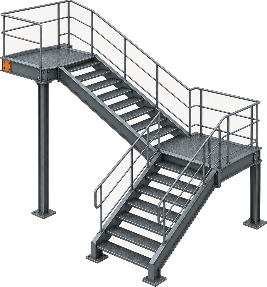Complete fabrication-ready switchback steel stair assembly with coordinated flights, landings, treads, guardrails, and support connections