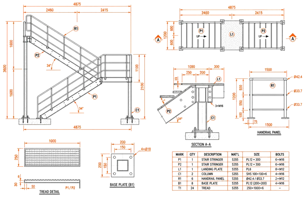 Complete structural steel stair shop drawing with assembly elevation, plan, sections, connection details, member marks, dimensions, base plate detail, and bill of materials