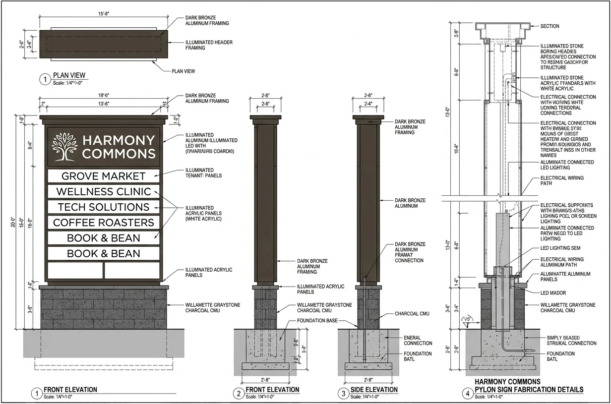 Pylon sign fabrication drawing with plan view, front and side elevations, section, illuminated tenant panel details, CMU base, and foundation connection