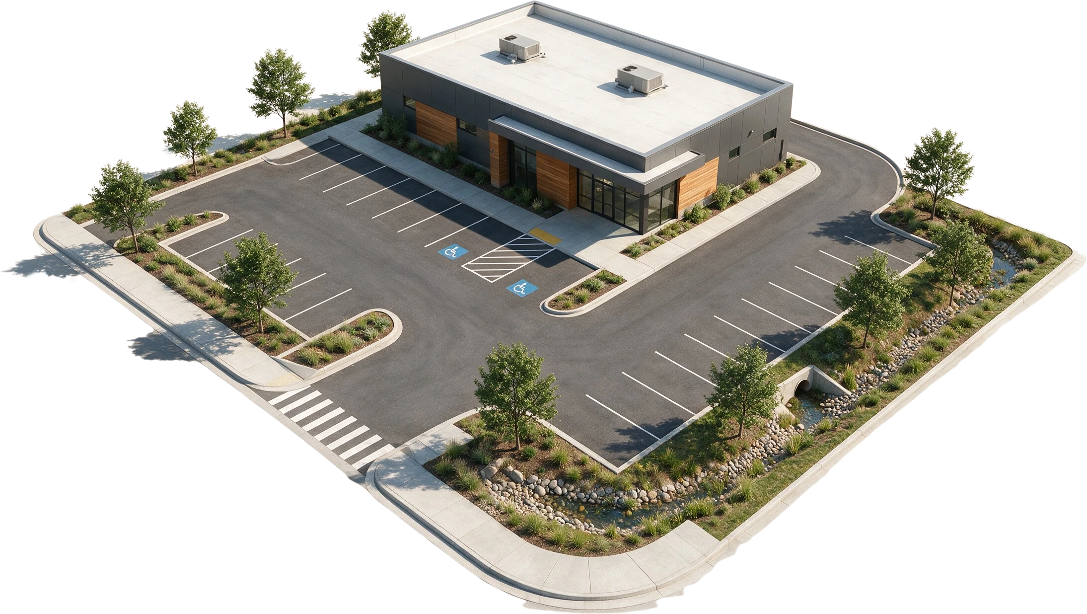 Commercial site and landscape render showing accessible parking, sidewalks, landscaped islands, circulation, and stormwater planting