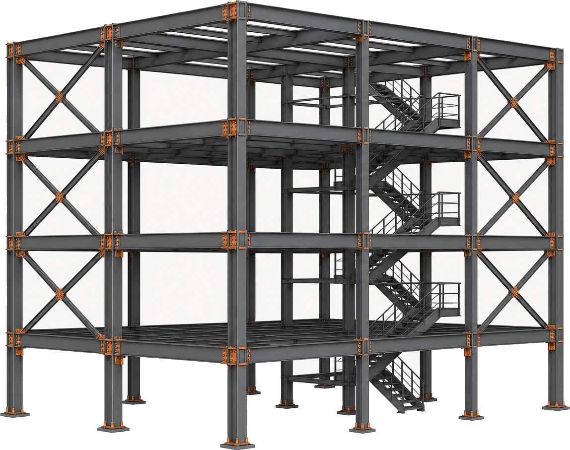 Coordinated four-storey structural steel BIM model with realistic bays, bracing, stairs, base plates, and bolted connections