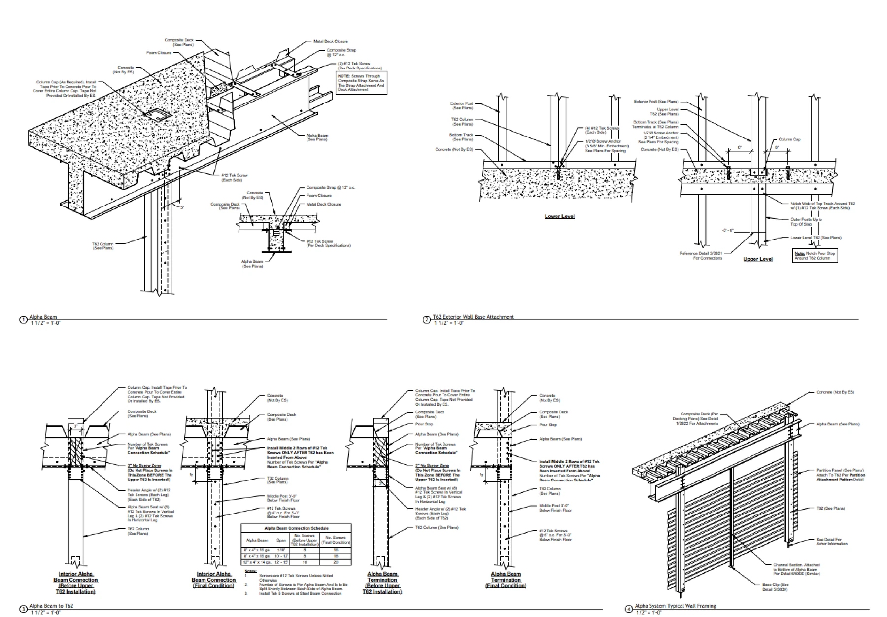 Typical steel connection detail sheet with section and plan views, weld callouts and fastener schedules