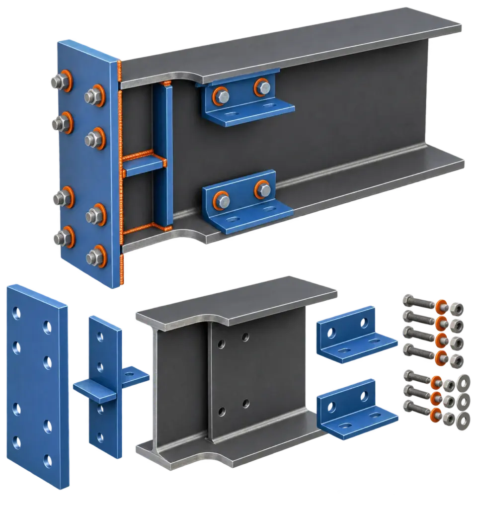 Steel fabrication assembly showing coordinated member geometry, plates, bolts, welds, and shop-ready parts