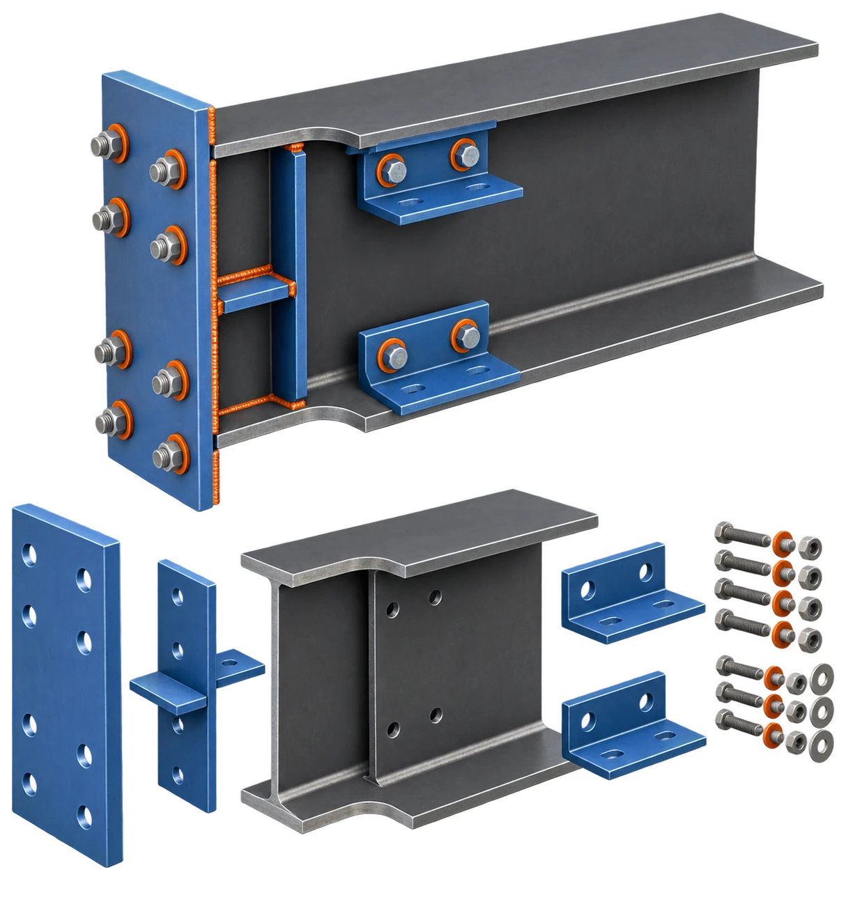 Fabrication shop assembly model showing coordinated member geometry, part marks, plates, bolts, and weld locations