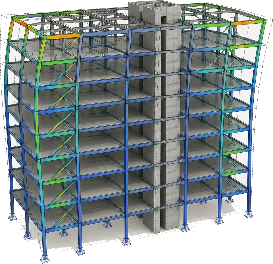 Engineering analysis model of an eight-storey braced frame with analytical grid, base restraints, deformed shape, and member utilization contours
