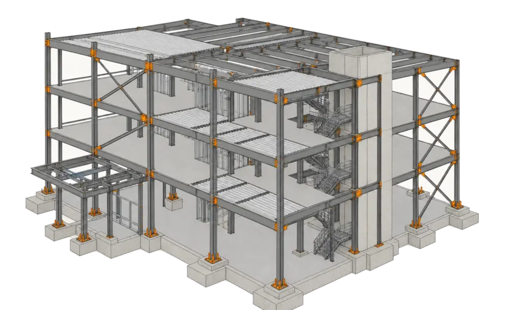 Standalone structural BIM frame with steel, concrete, foundations, stairs, bracing, and detailed connections