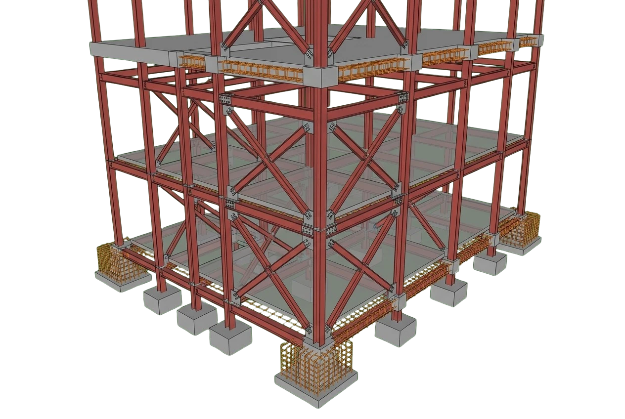 Structural steel portal frame with wide-flange rafter and columns, bolted haunch connections, and base plates on grids A and B