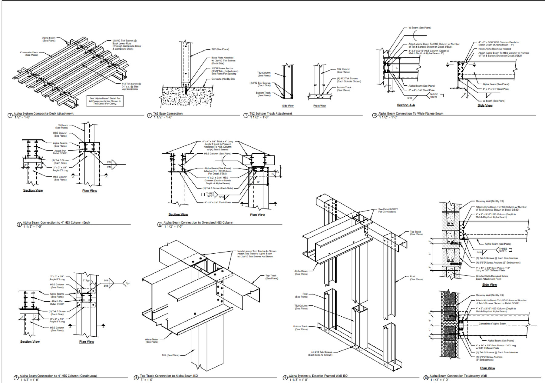 Shop drawing sheet of typical steel connections with section and plan views, weld symbols, fastener callouts and member sizes