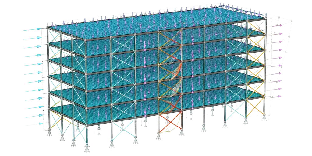 Dense finite-element building model showing member mesh, gravity and lateral loads, supports, displaced shape, bracing demand, and analysis results