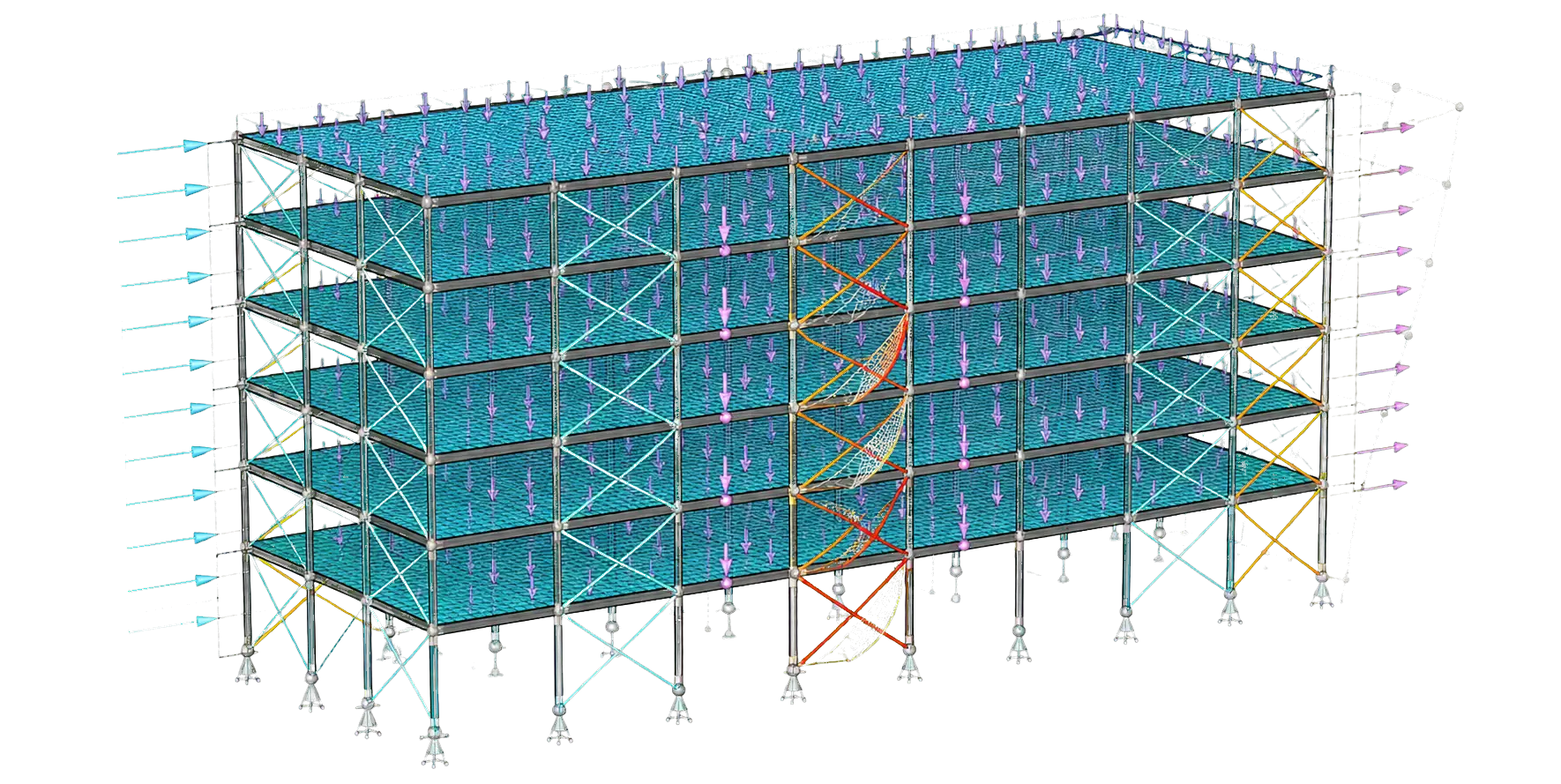 Finite-element structural analysis model showing gravity and lateral loads, support conditions, braced bays, displaced shape, and demand results