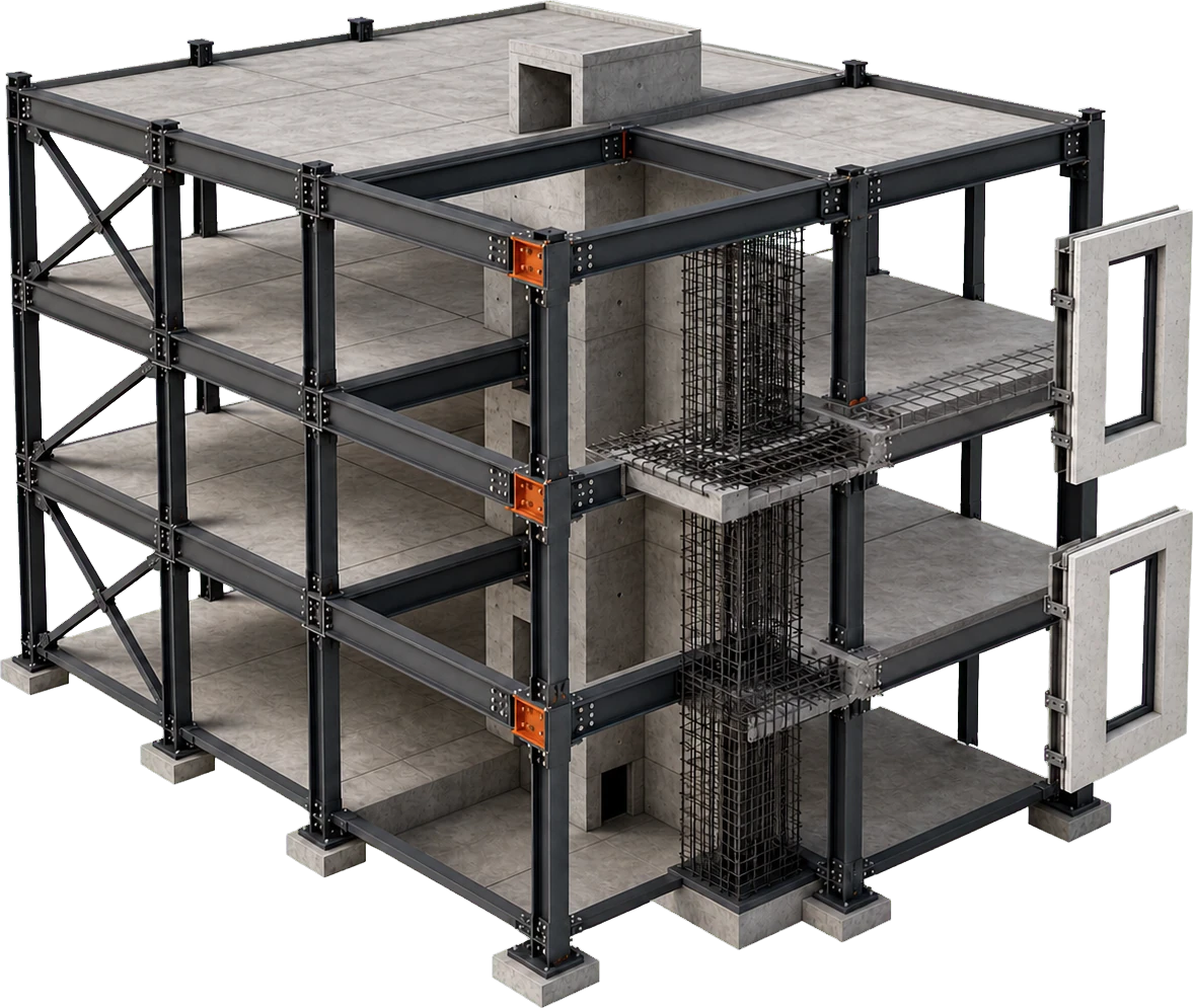 Structural design and detailing model combining coordinated steel framing, reinforced concrete, connections, slabs, and foundations