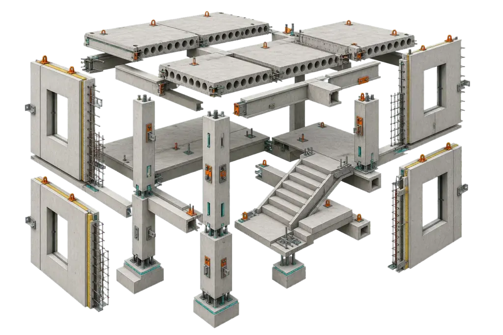 Precast detailing model showing panels, beams, columns, slabs, embeds, connections, and erection geometry
