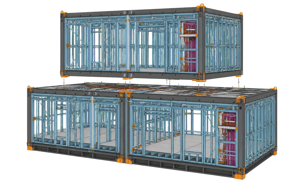 Prefab modular detailing model showing coordinated frames, panels, openings, service zones, and inter-module connections