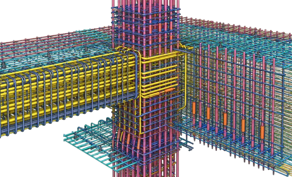 Reinforcement detailing model showing coordinated slab, beam, column, and wall bars with laps, anchorage, and cover