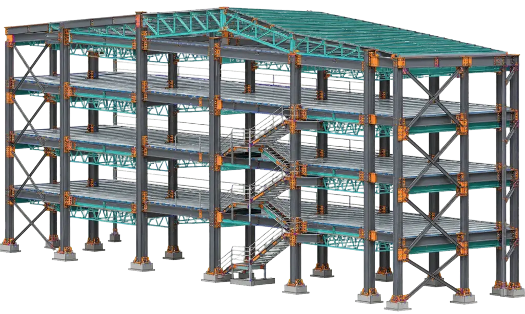 Structural steel detailing model with beams, columns, bracing, floor members, stairs, base plates, and coordinated connections