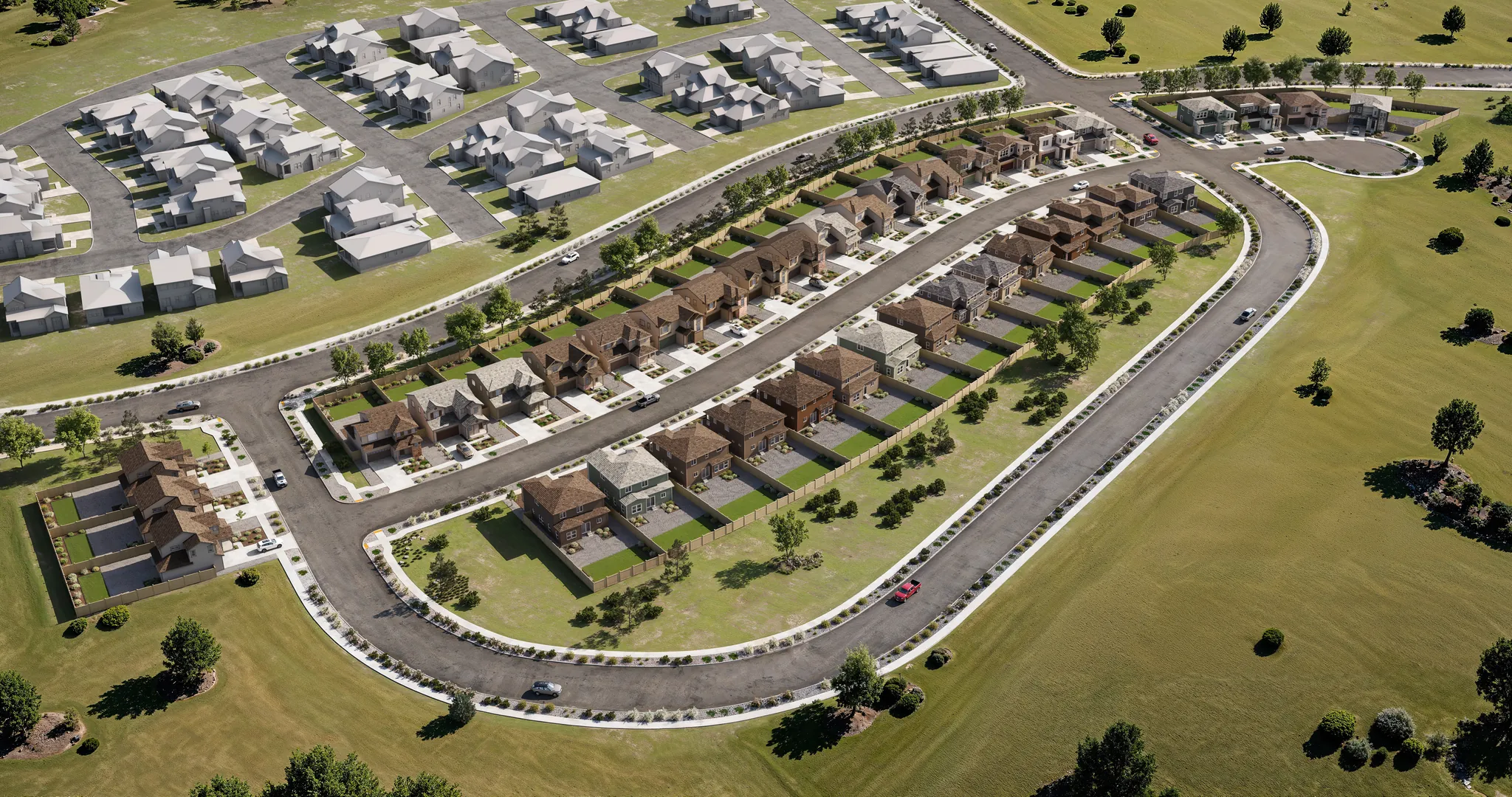 Aerial 3D rendering of a residential community with curving streets, homes and open space