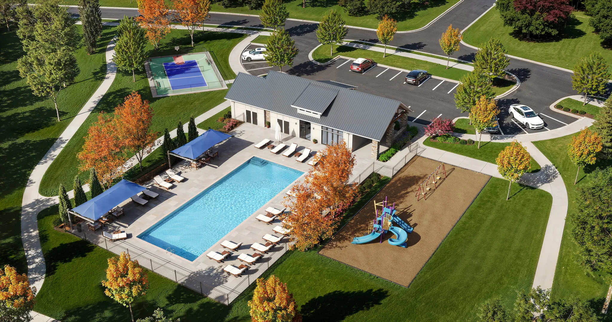 Aerial 3D rendering of a community clubhouse with a pool, sport court and playground
