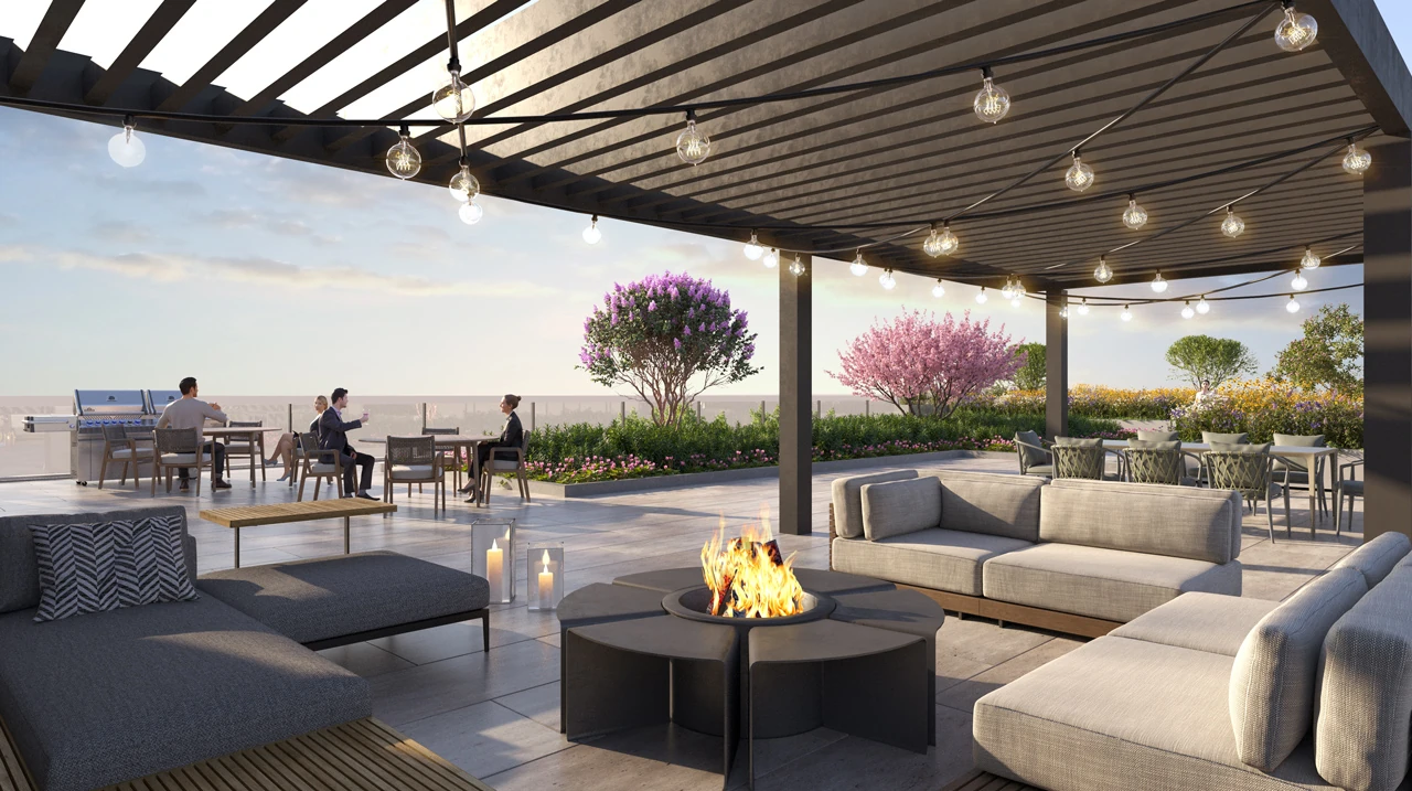 Amenity 3D rendering of a rooftop lounge with a fire pit, pergola, string lights and outdoor dining