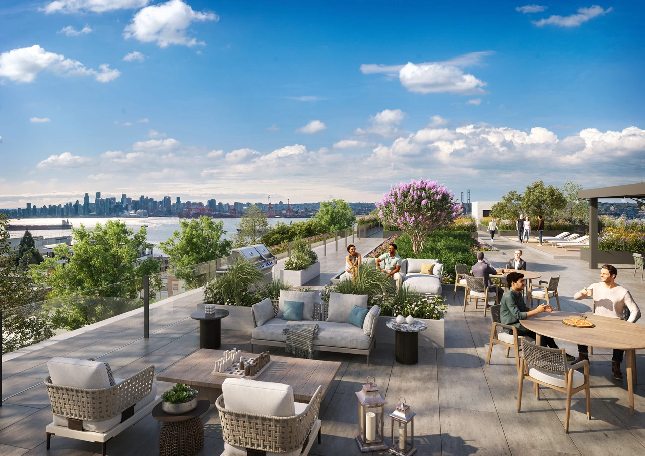 Amenity 3D rendering of a rooftop terrace with lounge seating, dining tables and a city skyline view