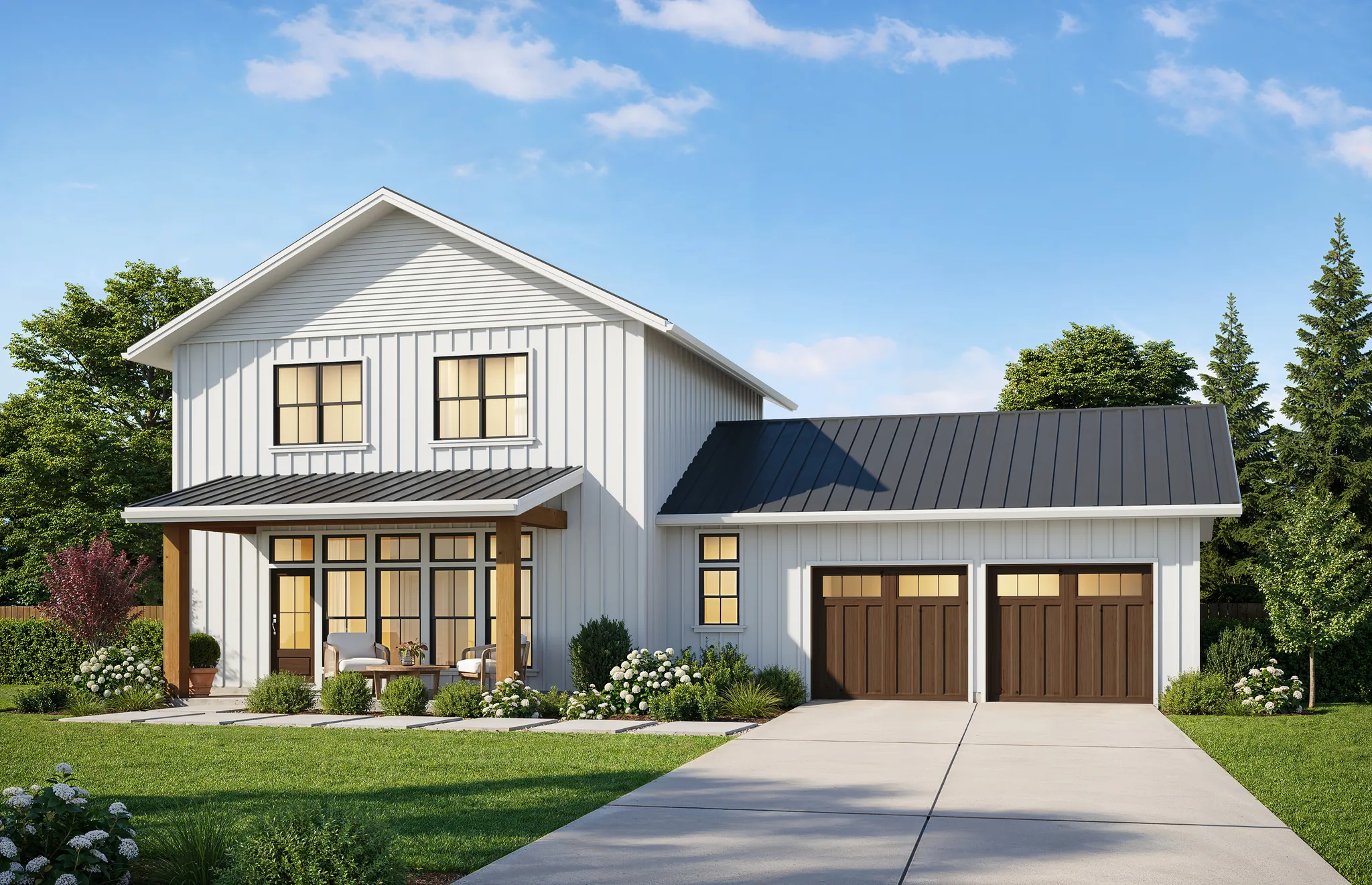 Exterior 3D rendering of a white board-and-batten farmhouse with a two-car garage and landscaped front yard